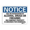 Notice: Use Or Possession Of Alcohol, Drugs Or Firearms On Company Property Is Grounds For Dismissal Signs