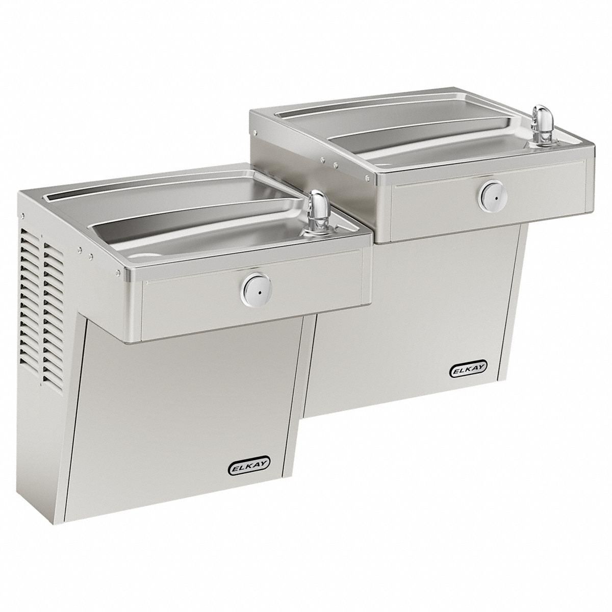 Bi-Level Drinking Fountain: On-Wall, 27 1/8 in Ht, 18 5/8 in Dp, 36 5/16 in Overall Wd, Gray