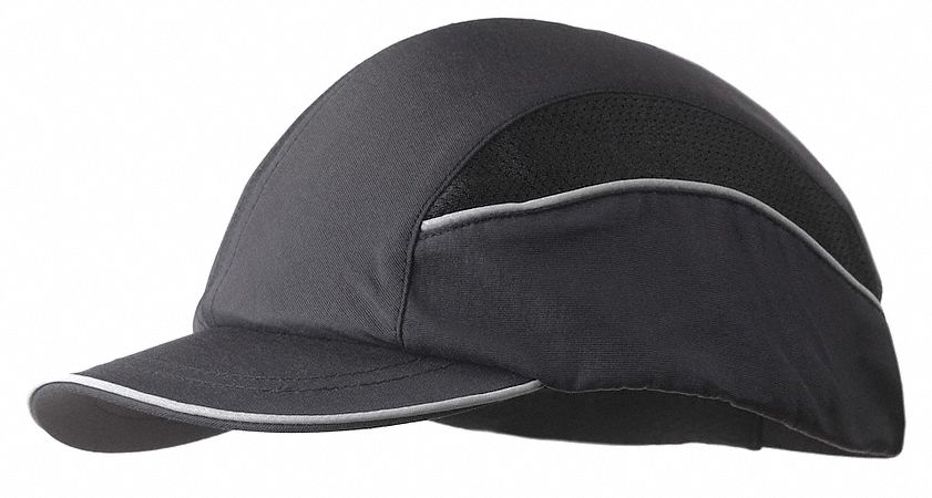 Bump Cap: Short Brim Baseball Head Protection, Black, Hook-and-Loop, 7 to 7-3/4 Fits Hat Size