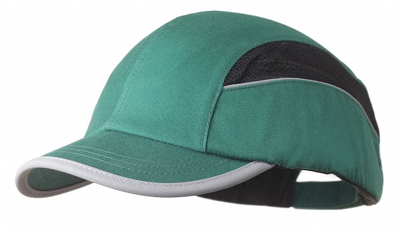 Bump Cap: Short Brim Baseball Head Protection, Green, Hook-and-Loop, 7 to 7-3/4 Fits Hat Size