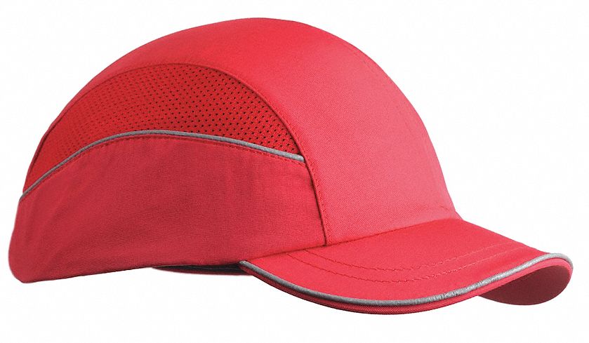 Bump Cap: Short Brim Baseball Head Protection, Red, Hook-and-Loop, 7 to 7-3/4 Fits Hat Size