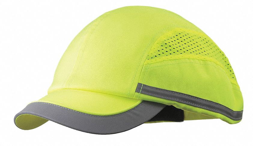 Bump Cap: Short Brim Baseball Head Protection, Yellow, Hook-and-Loop, 7 to 7-3/4 Fits Hat Size