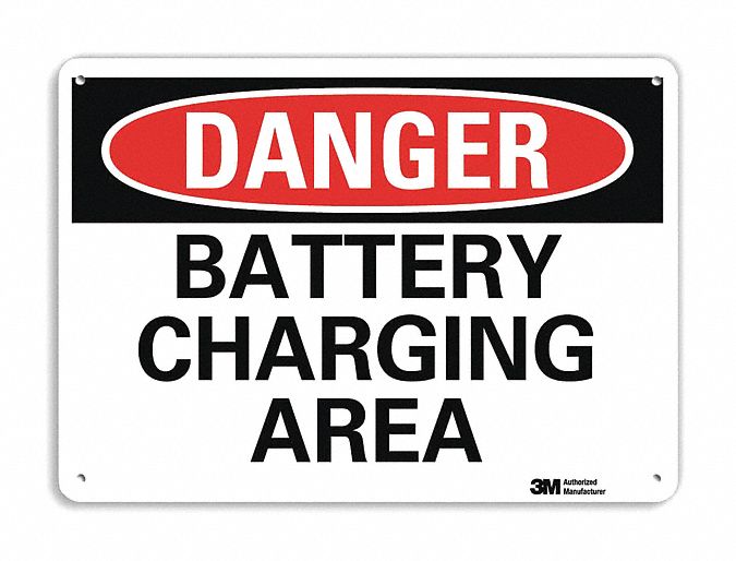 DANGER SIGN, ALUMINUM, MOUNTING HOLES, 10 IN X 14 IN NOMINAL SIGN SIZE, ENGINEER GRADE, BATTERY CHARGING AREA