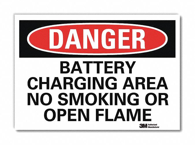 DANGER SIGN, REFLECTIVE SHEETING, ADHESIVE MOUNT, 7 X 10IN, BATTERY CHARGING AREA NO SMOKING OR OPEN FLAME
