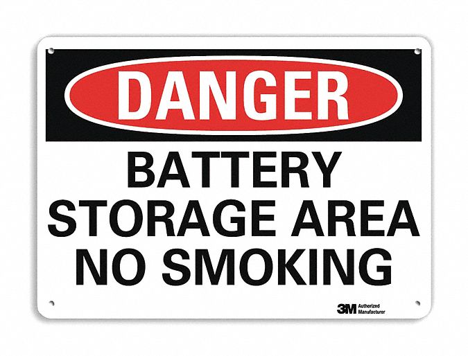 DANGER SIGN, ALUMINUM, MOUNTING HOLES, 7 IN X 10 IN NOMINAL SIGN SIZE, ENGINEER GRADE, BATTERY STORAGE AREA NO SMOKING