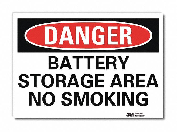 DANGER SIGN, REFLECTIVE SHEETING, ADHESIVE MOUNT, 10 IN X 14 IN NOMINAL SIGN SIZE, BATTERY STORAGE AREA NO SMOKING