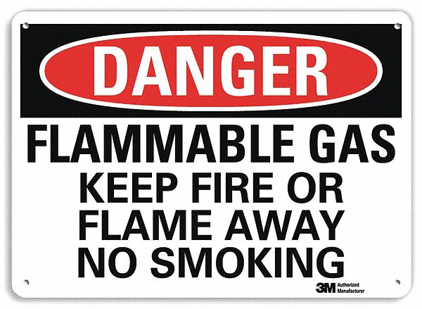 DANGER SIGN, ALUMINUM, HOLE MOUNT, 7 X 10 IN, ENGINEER GRADE, FLAMMABLE GAS KEEP FIRE OR FLAME AWAY NO SMOKING