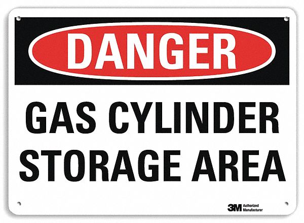 DANGER SIGN, ALUMINUM, MOUNTING HOLES, 7 IN X 10 IN NOMINAL SIGN SIZE, ENGINEER GRADE, GAS CYLINDER STORAGE AREA