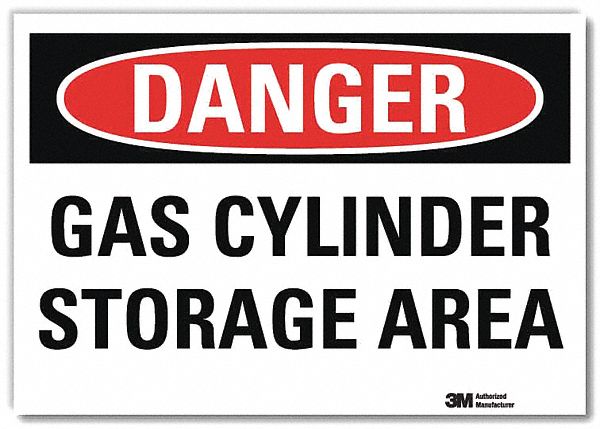 DANGER SIGN, REFLECTIVE SHEETING, ADHESIVE MOUNT, 10 IN X 14 IN NOMINAL SIGN SIZE, GAS CYLINDER STORAGE AREA
