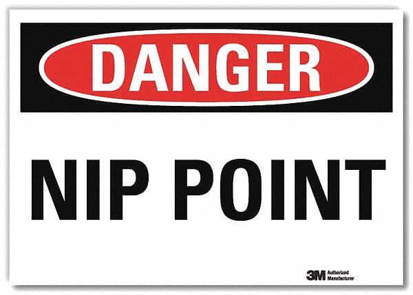 Danger Sign: Reflective Sheeting, Adhesive Sign Mounting, 7 in x 10 in Nominal Sign Size, Nip Point