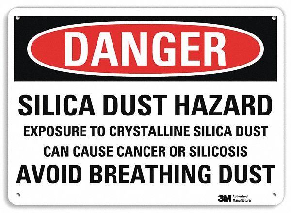 DANGER SIGN, AL, HOLE MOUNT, 10X14 IN, ENGINEER GRADE, SILICA DUST HAZARD EXPOSURE TO CRYSTALLINE SILICA DUST CAN CAU...