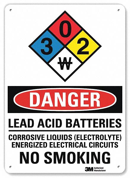 DANGER NO SMOKING SIGN, AL, HOLE MOUNT, 10X7 IN, LEAD ACID BATTERIES CORROSIVE LIQUIDS (ELECTROLYTE) ENERGIZED ELECTR...