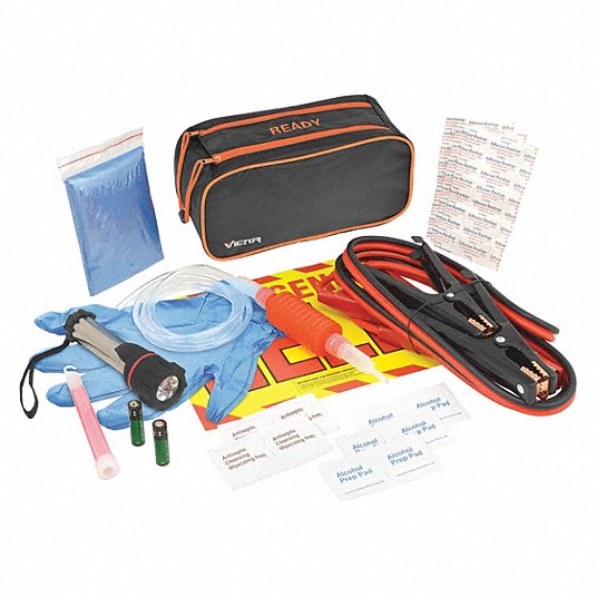 Roadside Emergency Kit: 0 Triangles, 36 Pieces, 5 in Overall Ht, 10 in Overall Wd, Bag