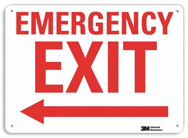 EMERGENCY SIGN, ALUMINUM, MOUNTING HOLES, 10 IN X 14 IN NOMINAL SIGN SIZE, EMERGENCY EXIT