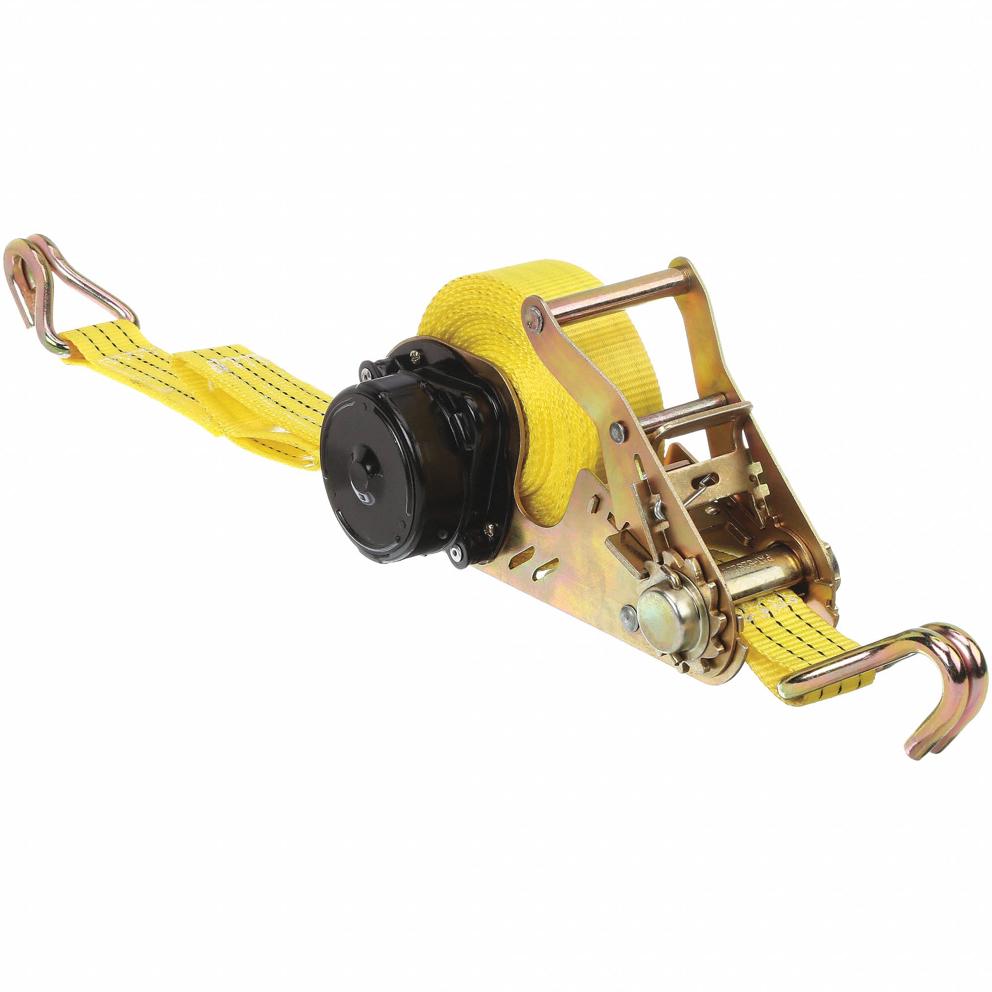 TIE DOWN STRAP, RATCHET, WIRE-HOOK, GEN PURPOSE, 1½ IN W, 2,200 LB WLL, YELLOW, 20 FT L