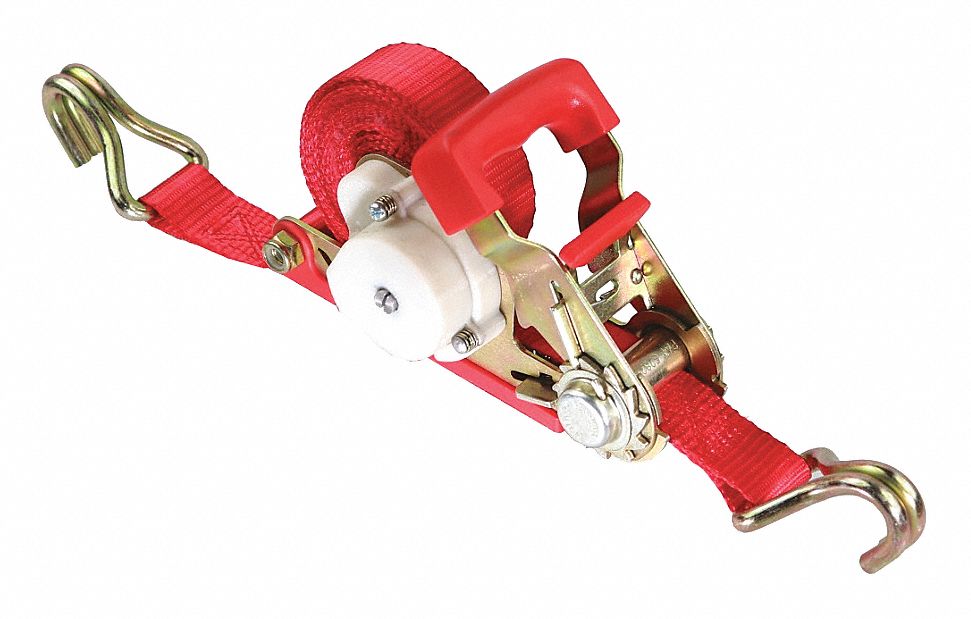 TIE DOWN STRAP, RATCHET, WIRE-HOOK, GEN PURPOSE, 1 IN W, 1,000 LB WLL, RED, 15 FT L