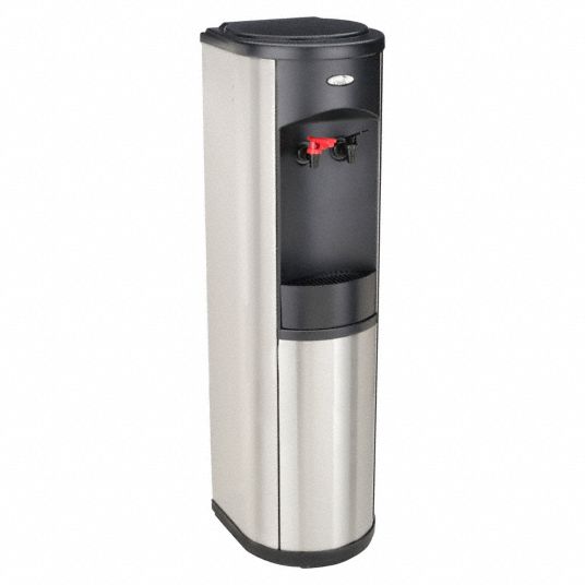 OASIS Plumbed Water Dispenser: Freestanding, Cold/Hot, Black/Silver, 43 1/4  in Ht, 12 in Wd