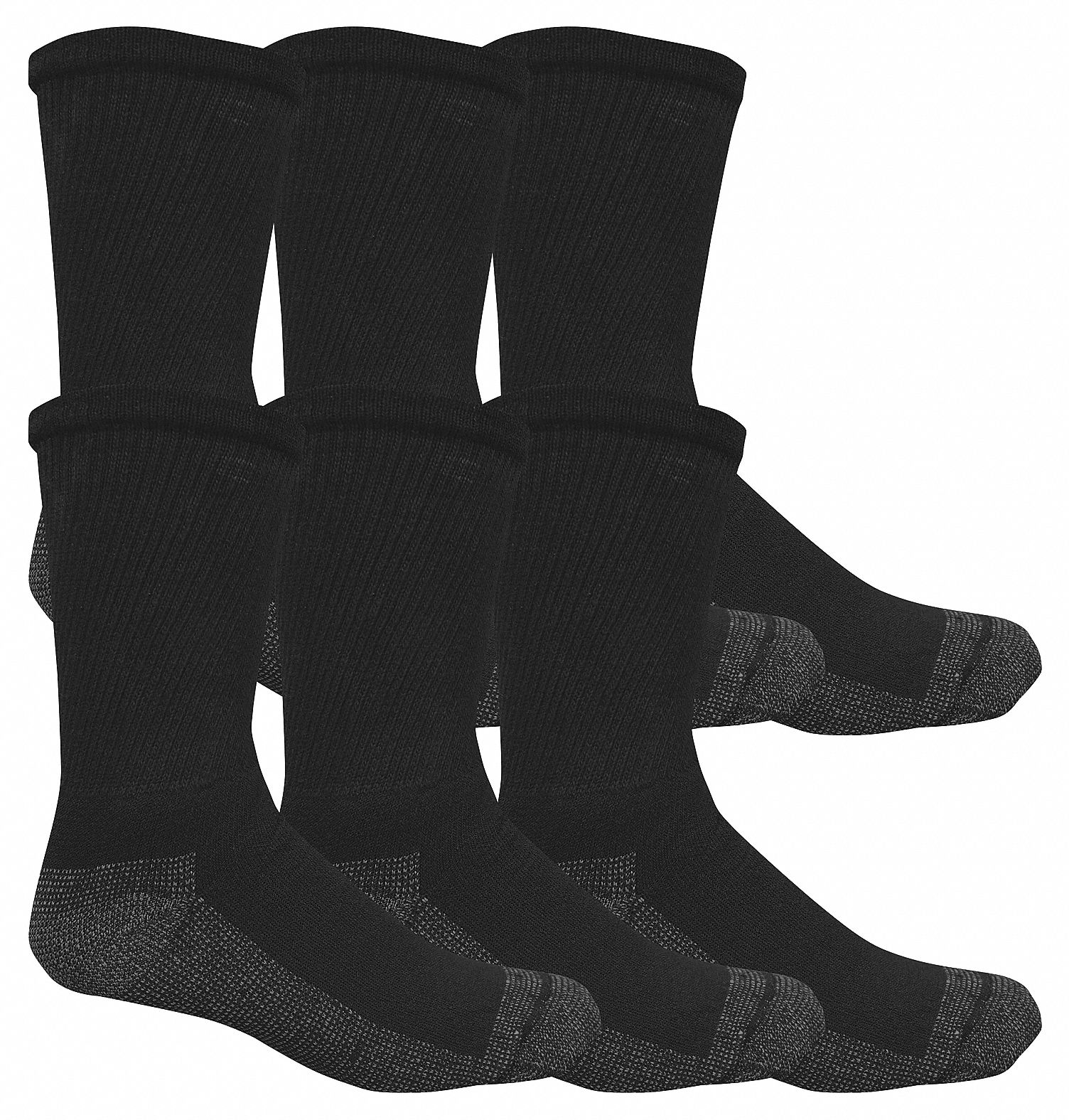 Socks: Crew, Men's, 6 to 12 Fits Shoe Size, Black, Cotton, FRUIT OF THE LOOM, Seamless Design, 6 PK