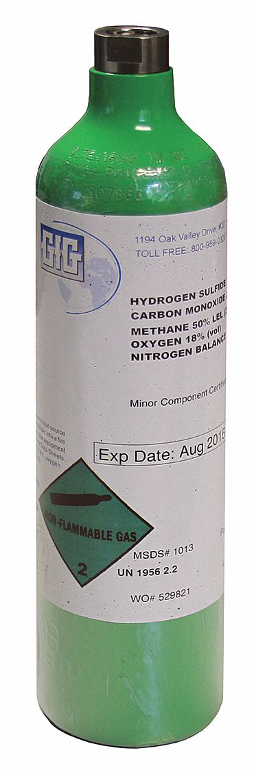 Calibration Gas: Carbon Dioxide/Hydrogen Sulfide, 34 L Cylinder Capacity, 2 1/2 in Cylinder Dia.