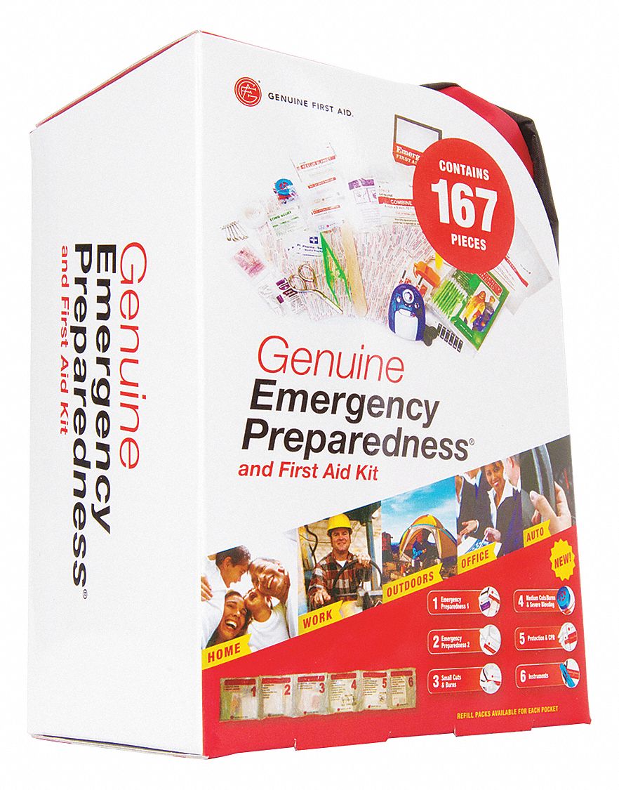 First Aid Kit: 167 Components, 25, White/Red, 4 in Ht, 2 1/8 in Wd