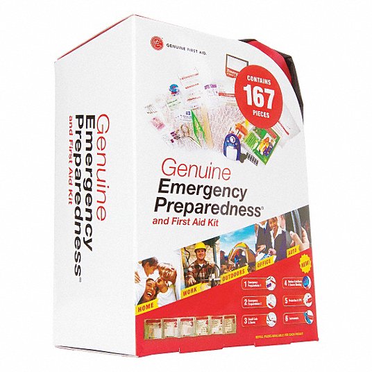 First Aid Kit: 167 Components, 25, White/Red, 4 in Ht, 2 1/8 in Wd