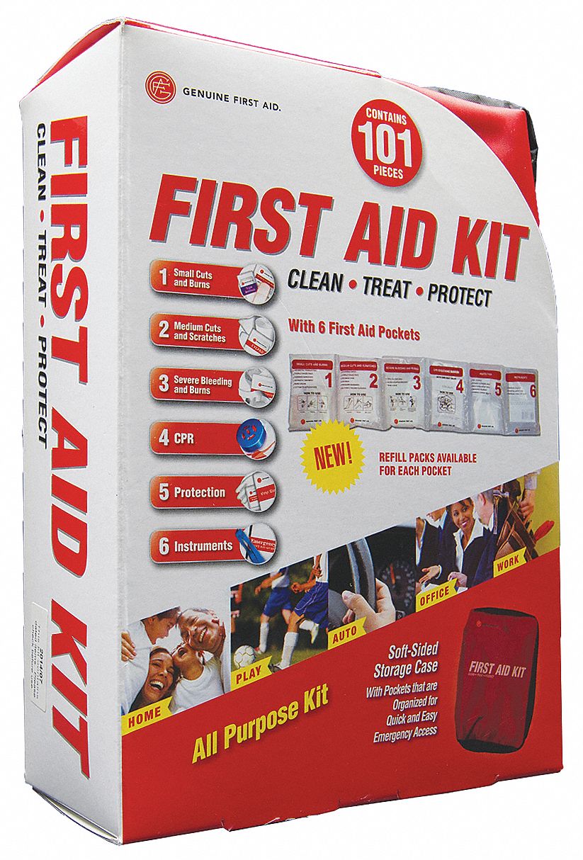 First Aid Kit and Housing: Gen Purpose, 10 People Served, 101 Components, Nylon