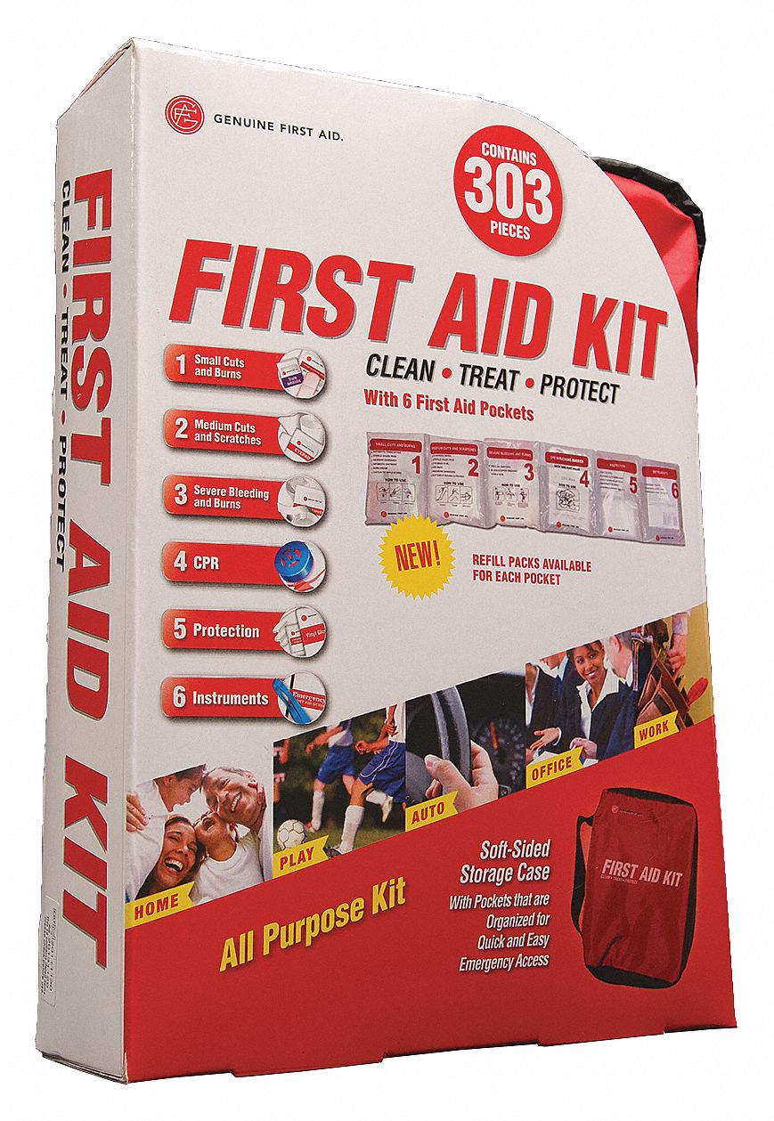 First Aid Kit and Housing: Gen Purpose, 30 People Served, 303 Components, Nylon