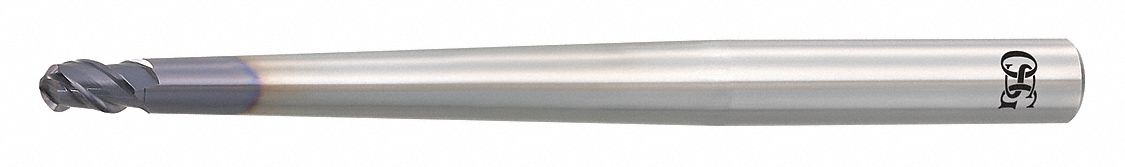 Ball End Mill: Carbide, WXS Coated, 3 Flute, 1 mm Mill Dia, 1.5 mm LOC, 60 mm OAL