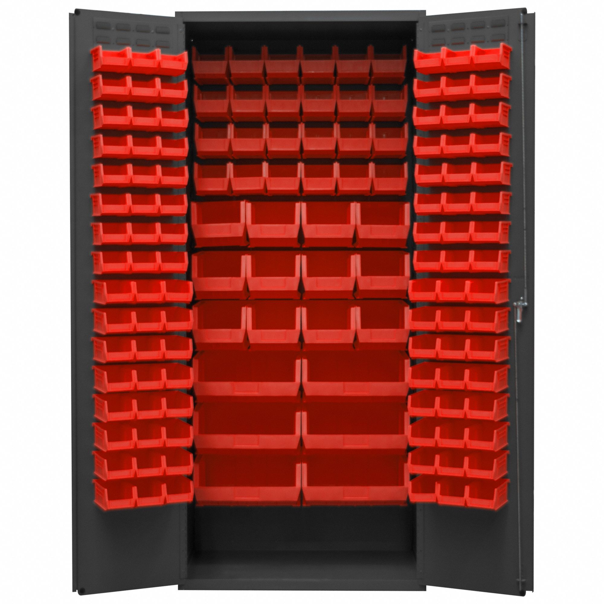 Bin Cabinet: 36 in x 24 in 84 in, 0 Shelves, 138 Bins, Red, Flush, 14 ga Panel, Gray