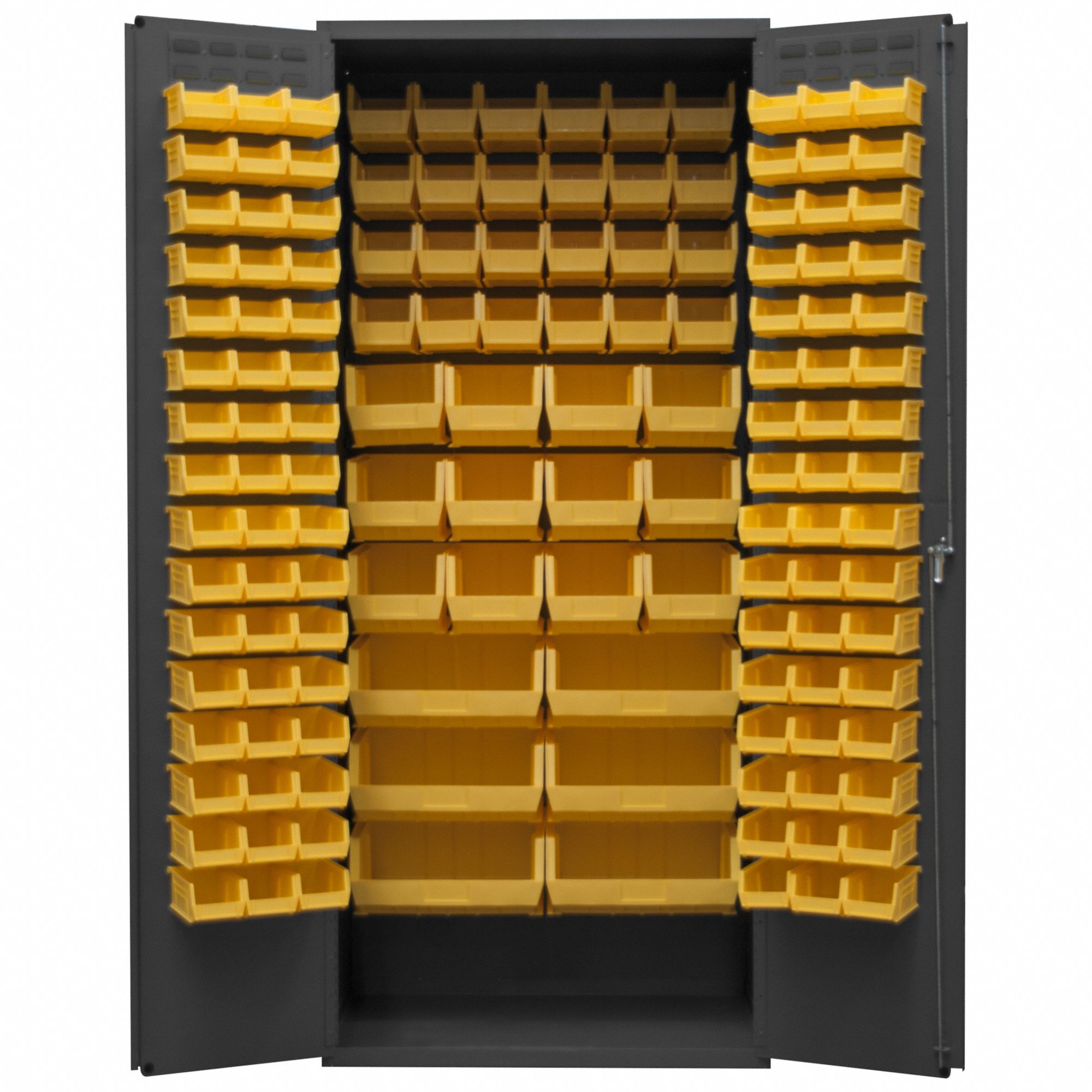 Bin Cabinet: 36 in x 24 in 84 in, 0 Shelves, 138 Bins, Yellow, Flush, 14 ga Panel, Gray
