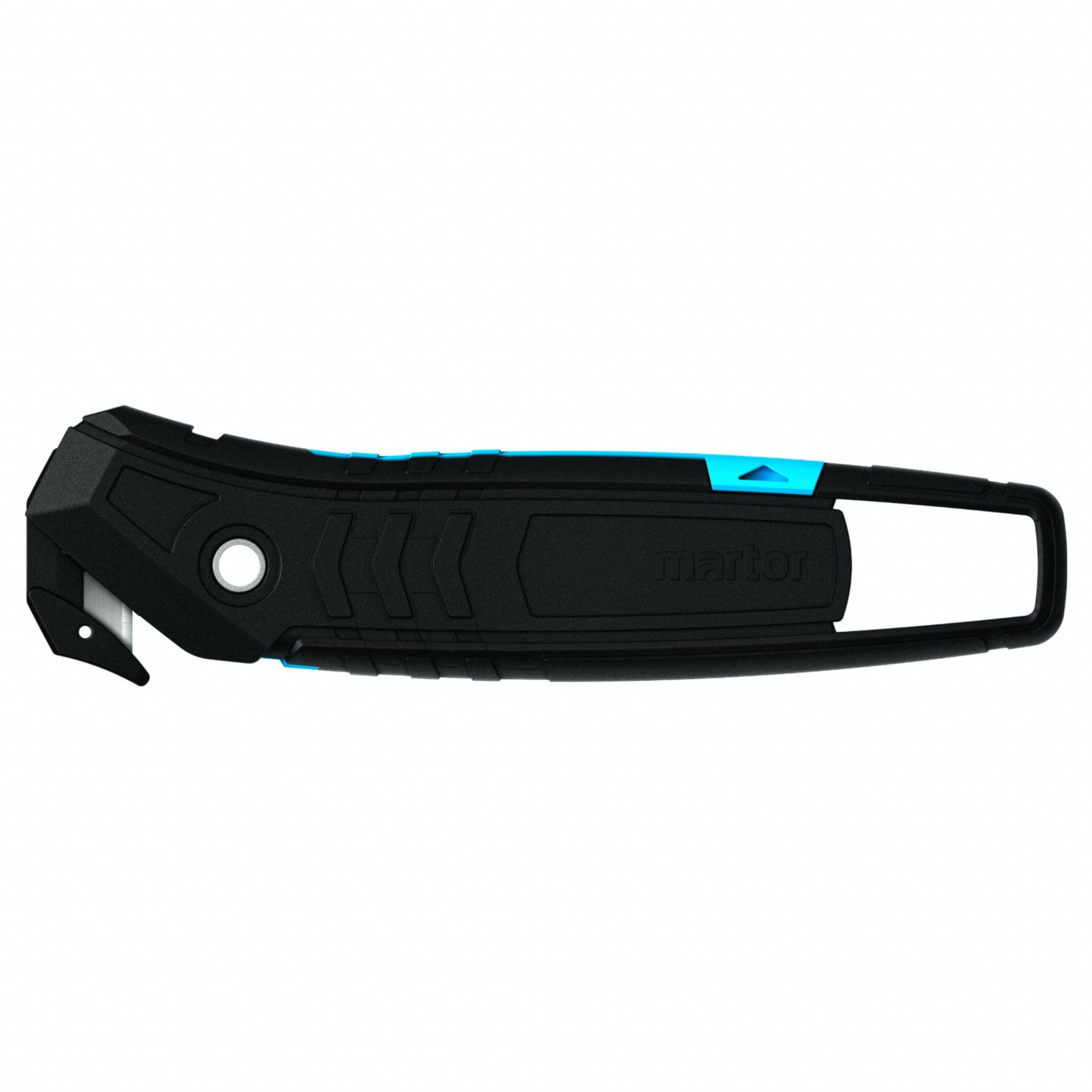 Safety Cutter: 6 in Overall Lg, Straight Handle, Textured, Steel, Black/Blue