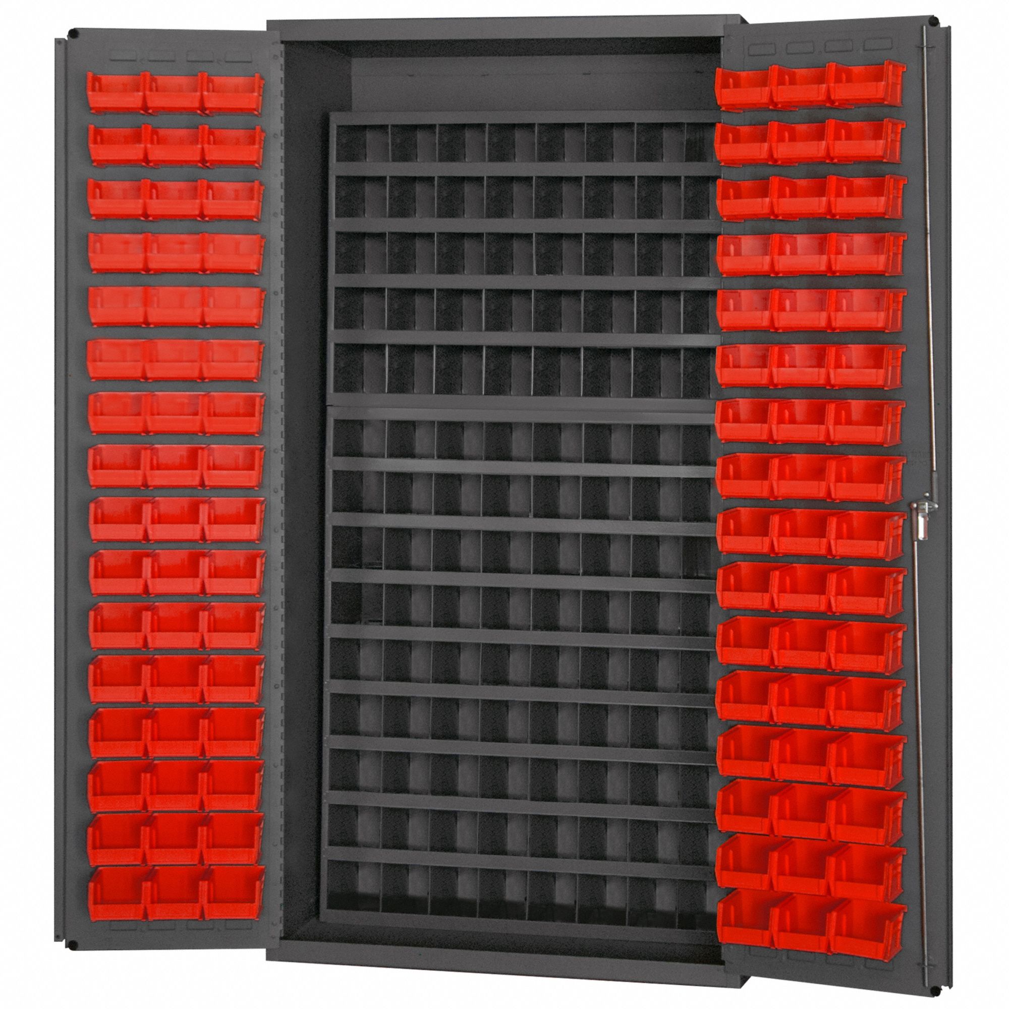 Bin Cabinet: 36 in x 24 in 72 in, 0 Shelves, 112 Compartments, 96 Bins, Red, Flush, Gray