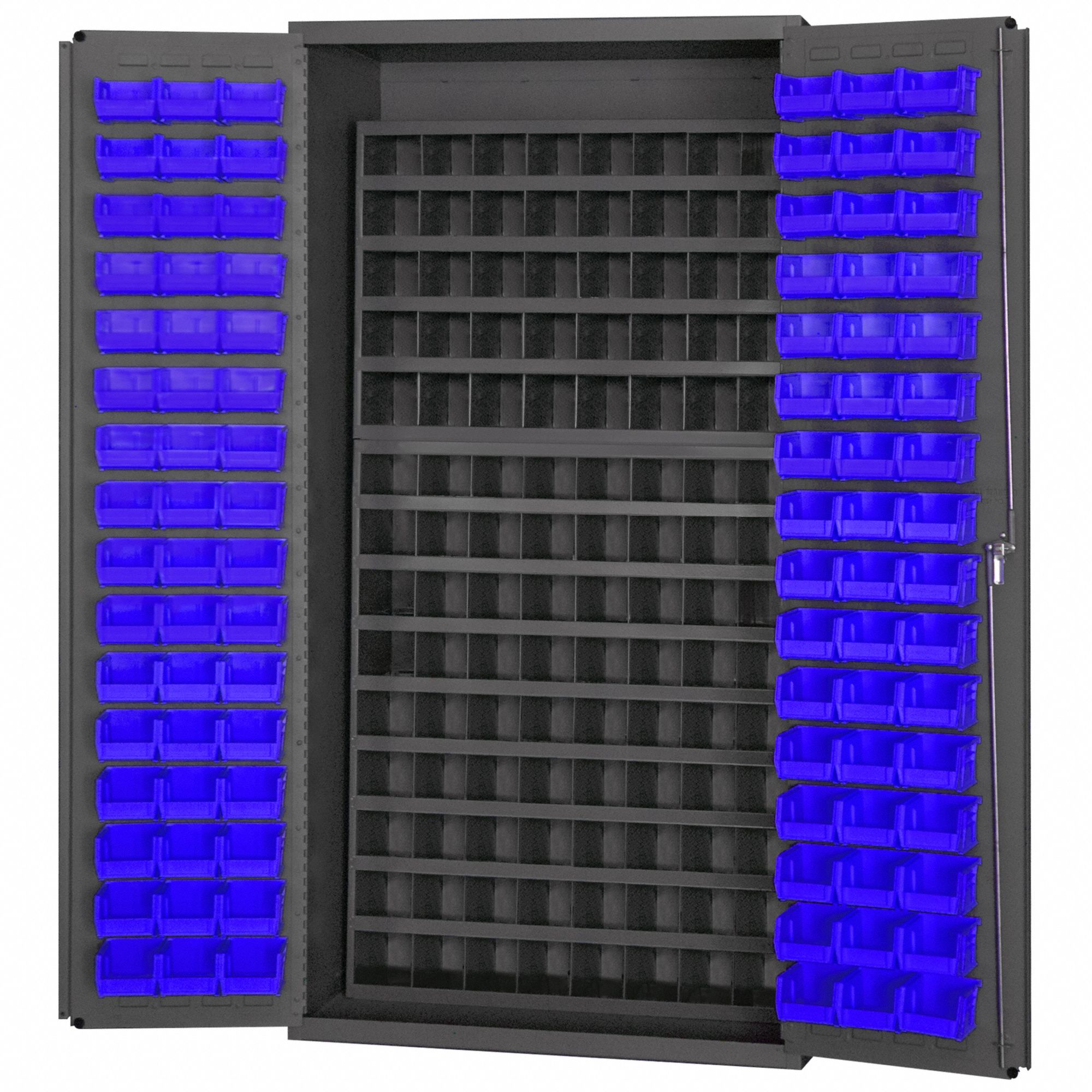 BIN CABINET, 36 IN X 24 IN 72 IN, 112 COMPARTMENTS, 96 BINS, BLUE, FLUSH, GREY