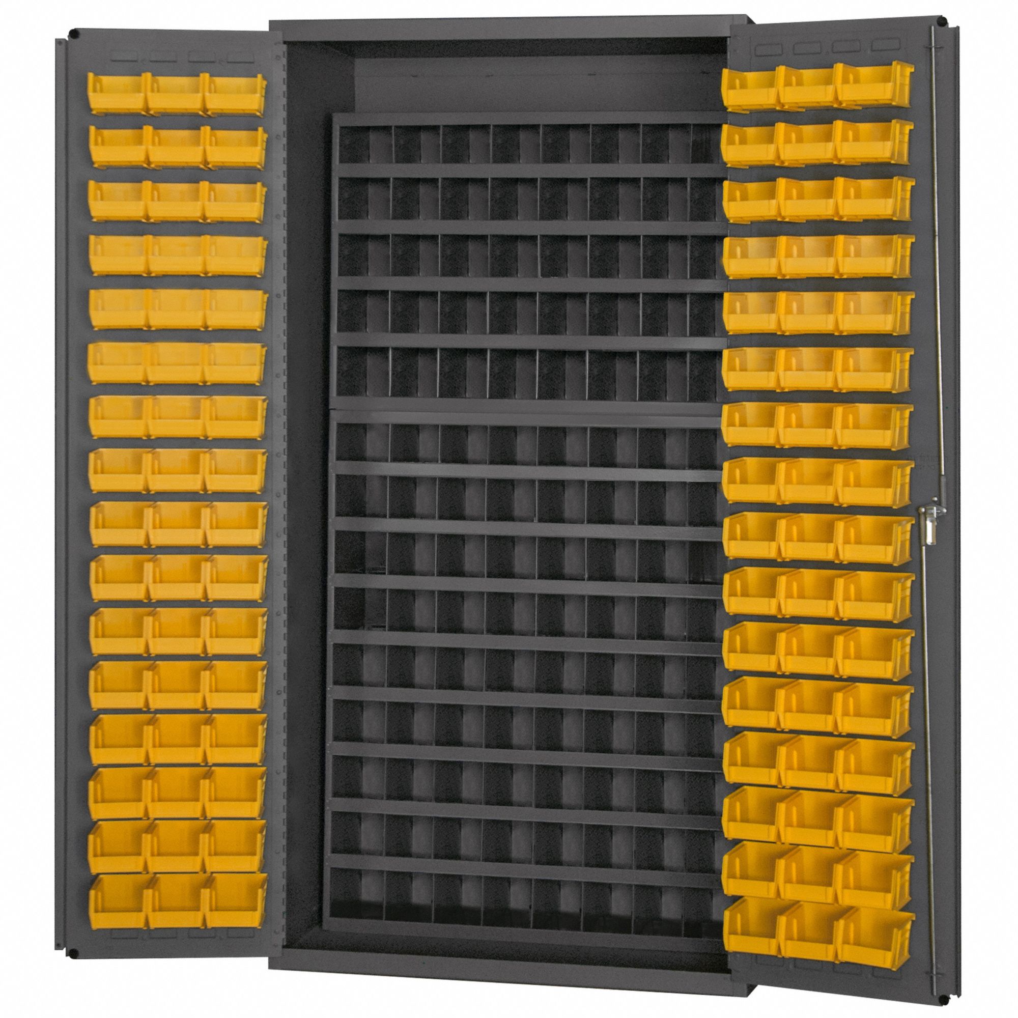 BIN CABINET, 36 IN X 24 IN 72 IN, 112 COMPARTMENTS, 96 BINS, YELLOW, FLUSH
