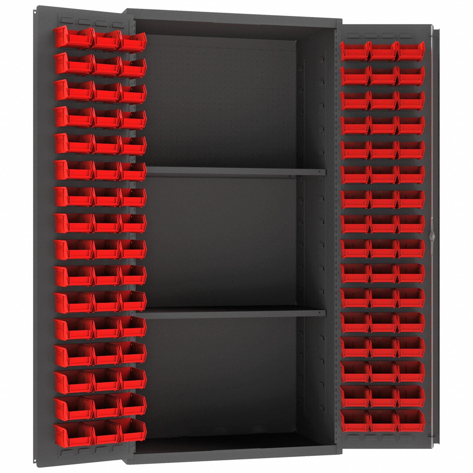 PEGBOARD BIN CABINET, 36 IN X 24 IN 72 IN, 2 SHELVES, 96 BINS, RED, FLUSH, 14 GA PANEL