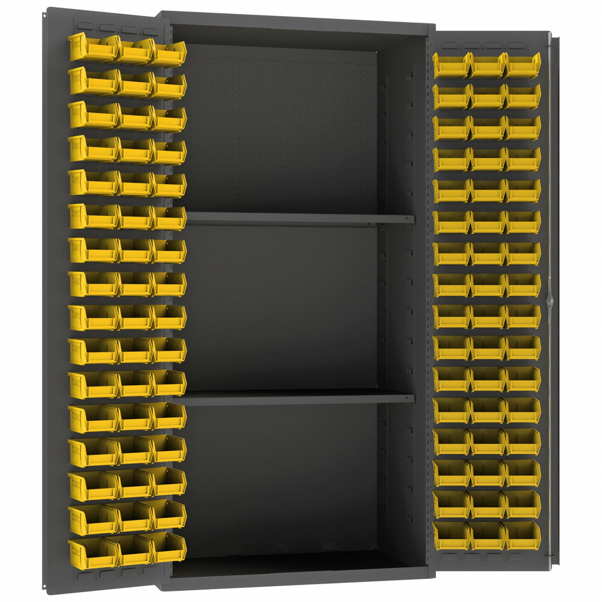 PEGBOARD BIN CABINET, 36 IN X 24 IN 72 IN, 2 SHELVES, 96 BINS, YELLOW, FLUSH, 14 GA PANEL