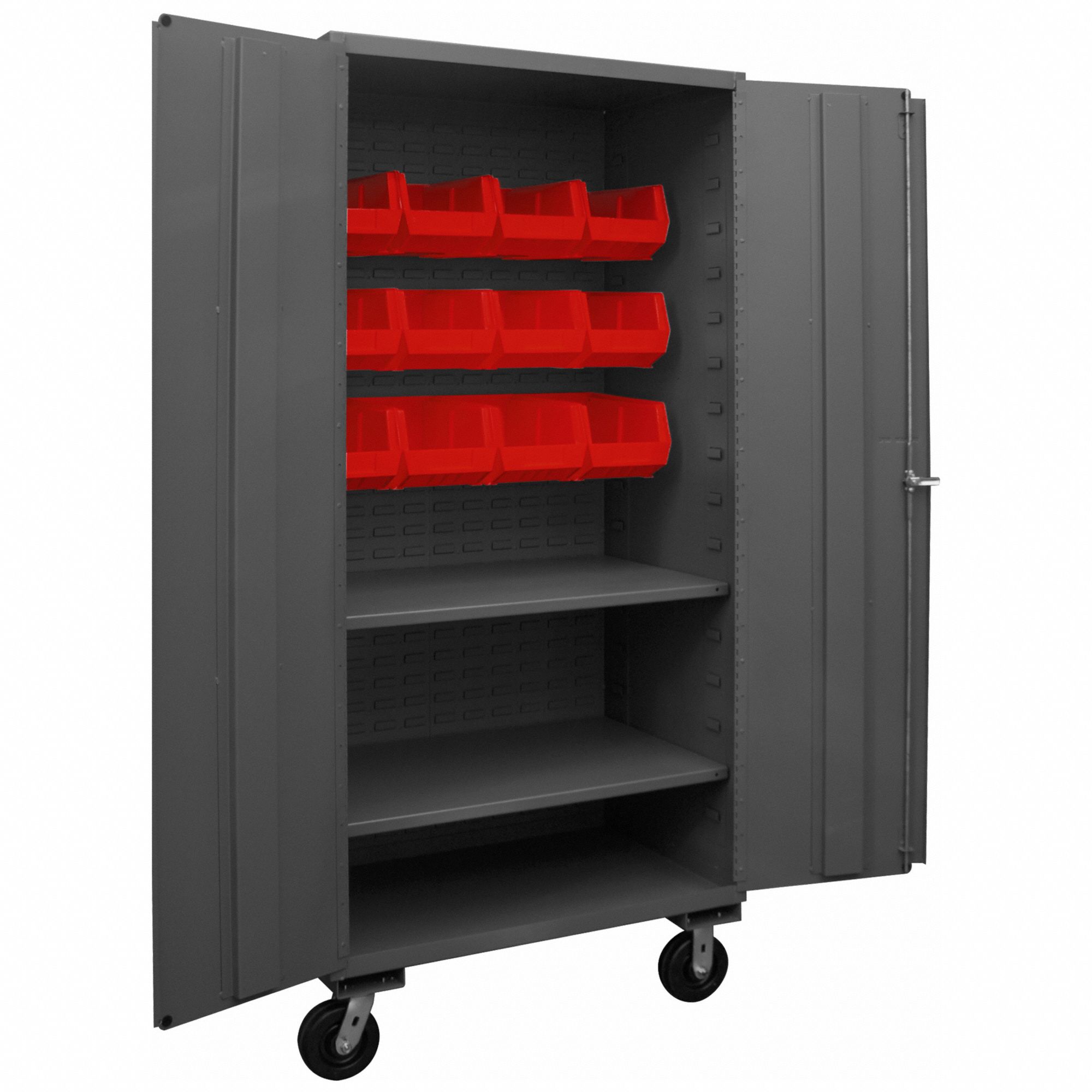 Bin Cabinet: 36 in x 24 in x 80 in, 2 Shelves, 12 Bins, Red, Solid, Assembled, Gray