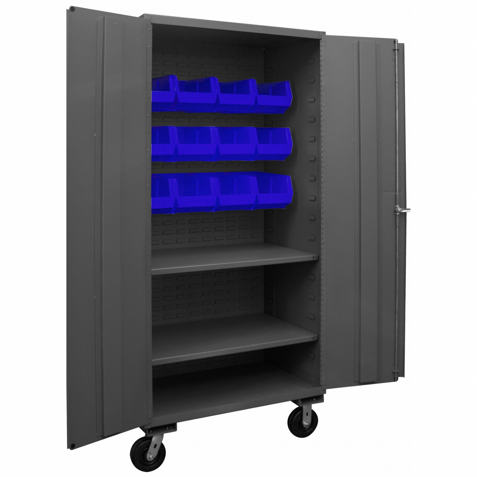 Bin Cabinet: 36 in x 24 in x 80 in, 2 Shelves, 12 Bins, Blue, Solid, Assembled, Gray