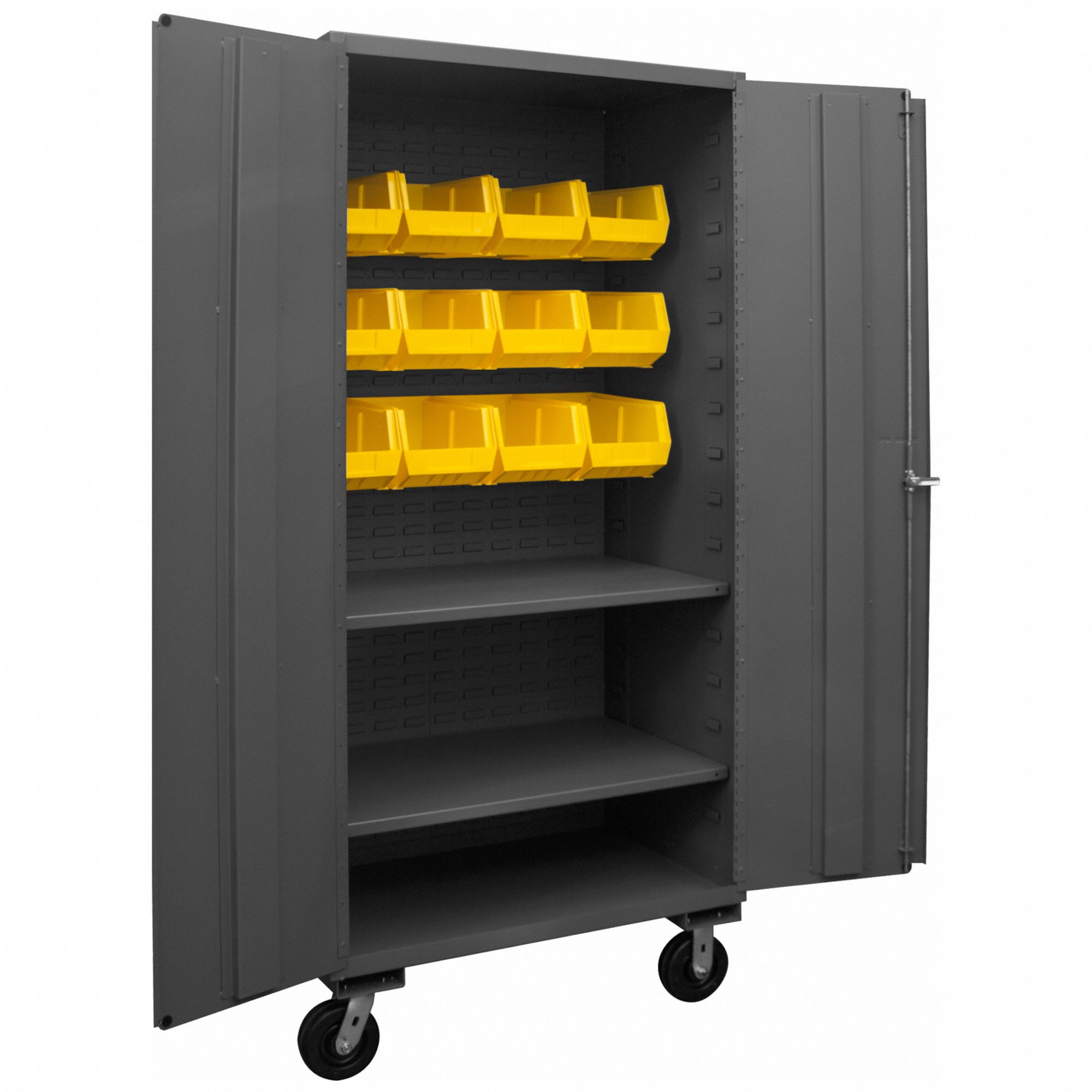 Bin Cabinet: 36 in x 24 in x 80 in, 2 Shelves, 12 Bins, Yellow, Solid, Assembled, Gray