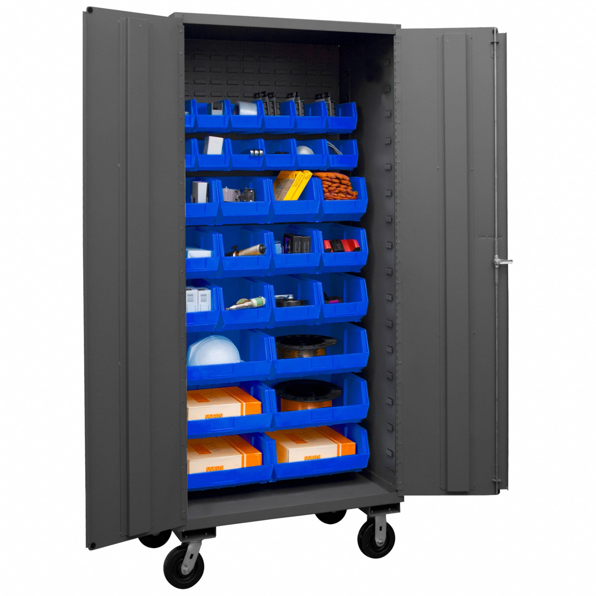 Bin Cabinet: 36 in x 24 in x 80 in, 0 Shelves, 30 Bins, Blue, Solid, Assembled, Gray