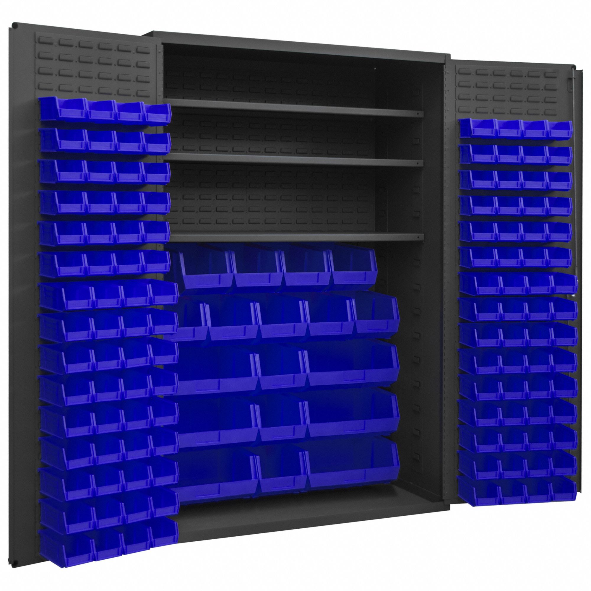 Bin Cabinet: 48 in x 24 in 72 in, 3 Shelves, 138 Bins, Blue, Flush, 14 ga Panel, Gray