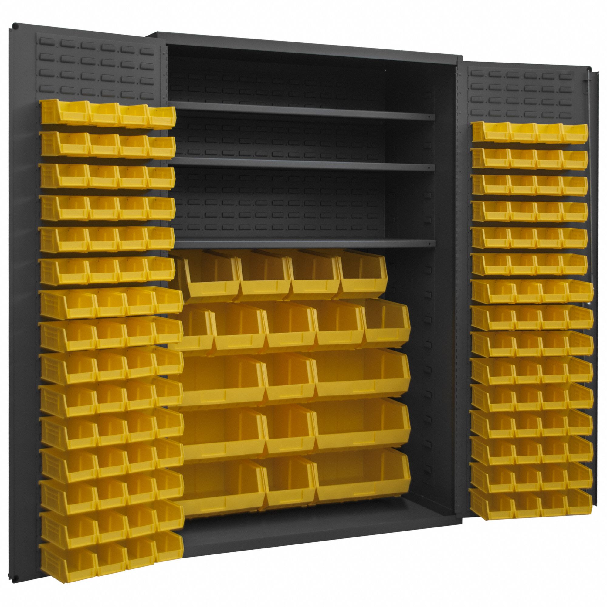 Bin Cabinet: 48 in x 24 in 72 in, 3 Shelves, 138 Bins, Yellow, Flush, 14 ga Panel, Gray