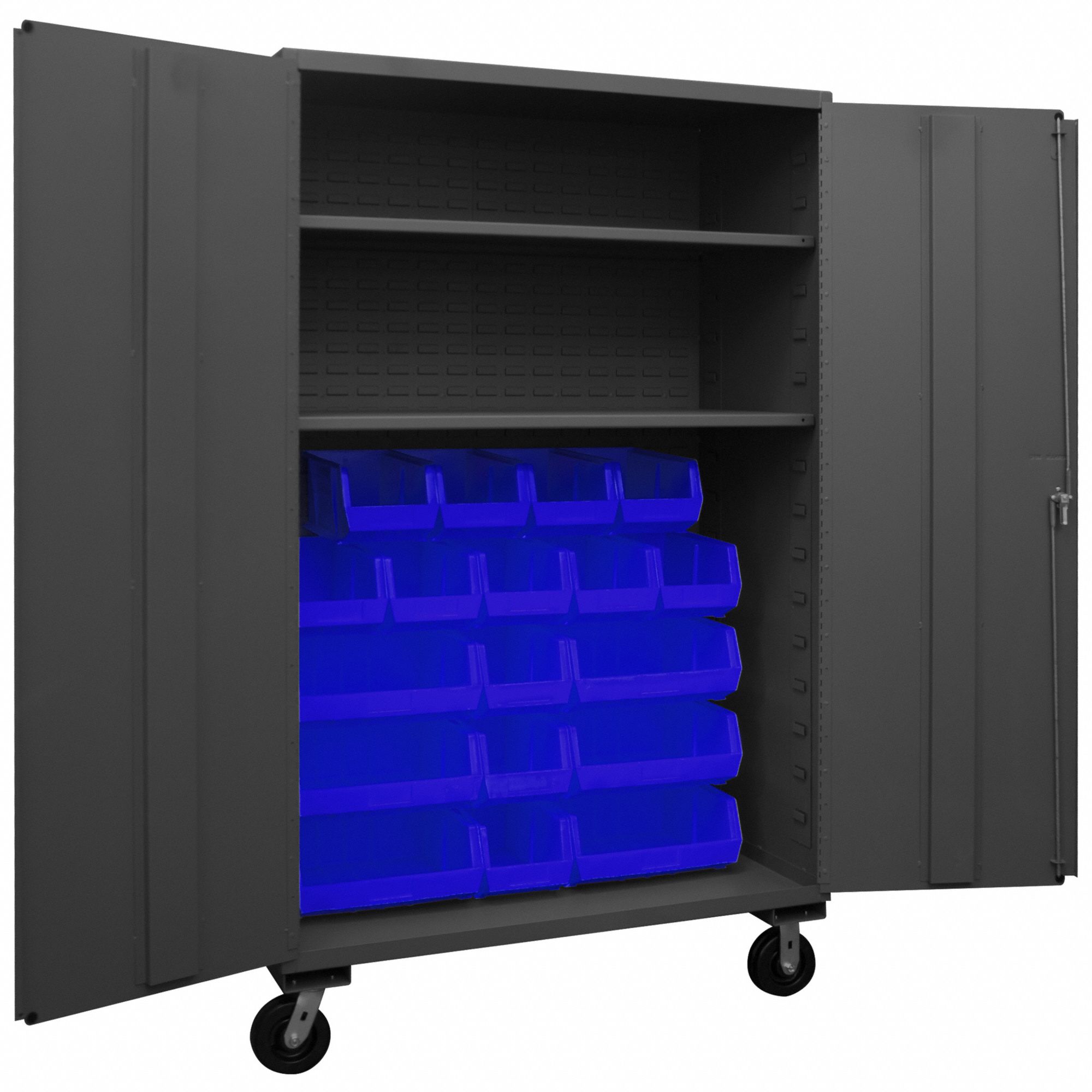 Bin Cabinet: 48 in x 24 in x 80 in, 2 Shelves, 18 Bins, Blue, Solid, Assembled, Gray
