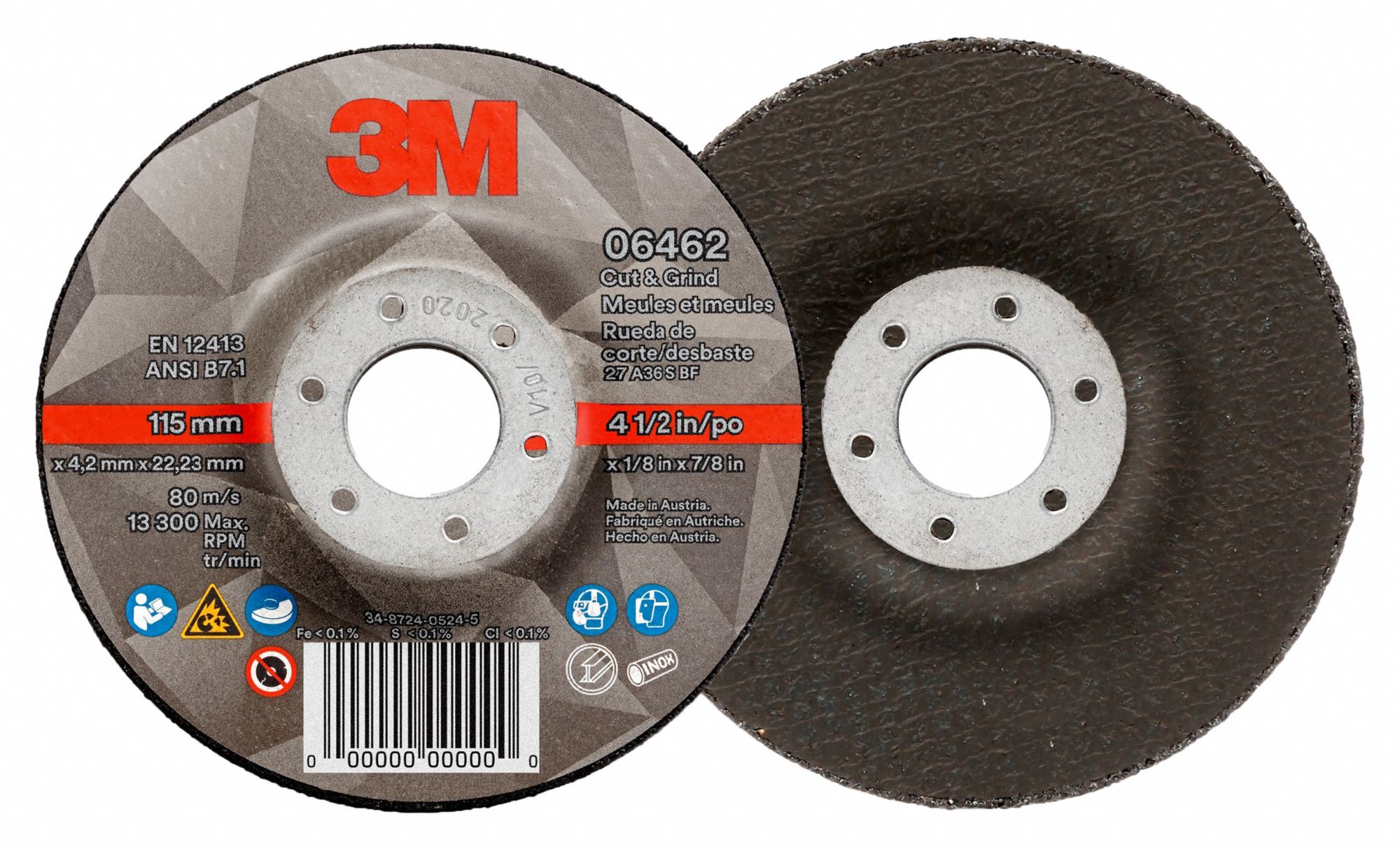 Cut-Off & Grinding Wheel: Type 27, 4 1/2" x 1/8" x 7/8", Ceramic, 36 Grit, Cut & Grind, 20 PK