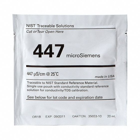 Conductivity Calibration Solution: ACS, 20 mL, 71-23-8/7447-40-7/7732-18-5, 447 microsiemens, 20