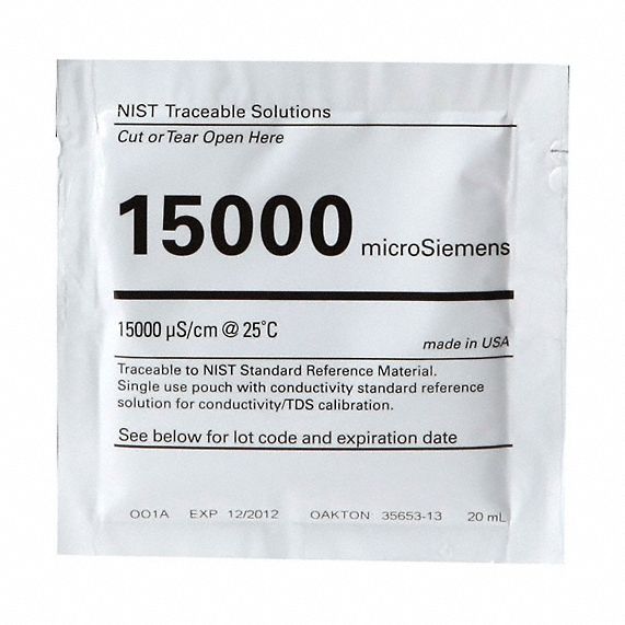 Conductivity Calibration Solution: ACS, 20 mL, 71-23-8/7447-40-7/7732-18-5, 15, 000 microsiemens, 20