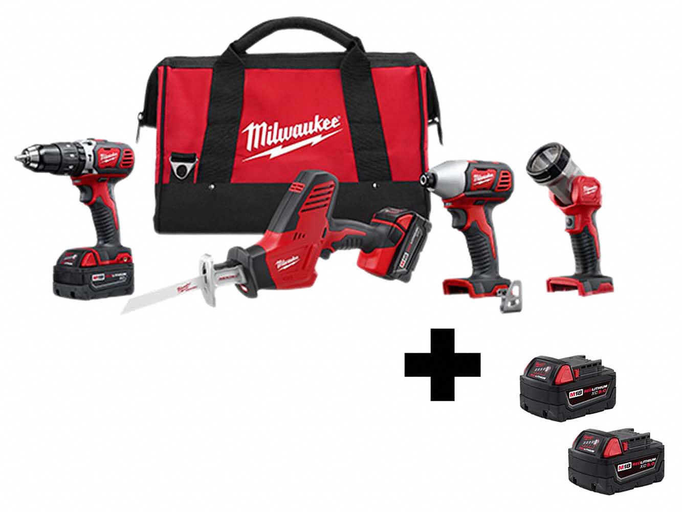 Cordless Combination Kit: 4 Tools, Hammer Drill/Impact Driver/Reciprocating Saw/Work Light