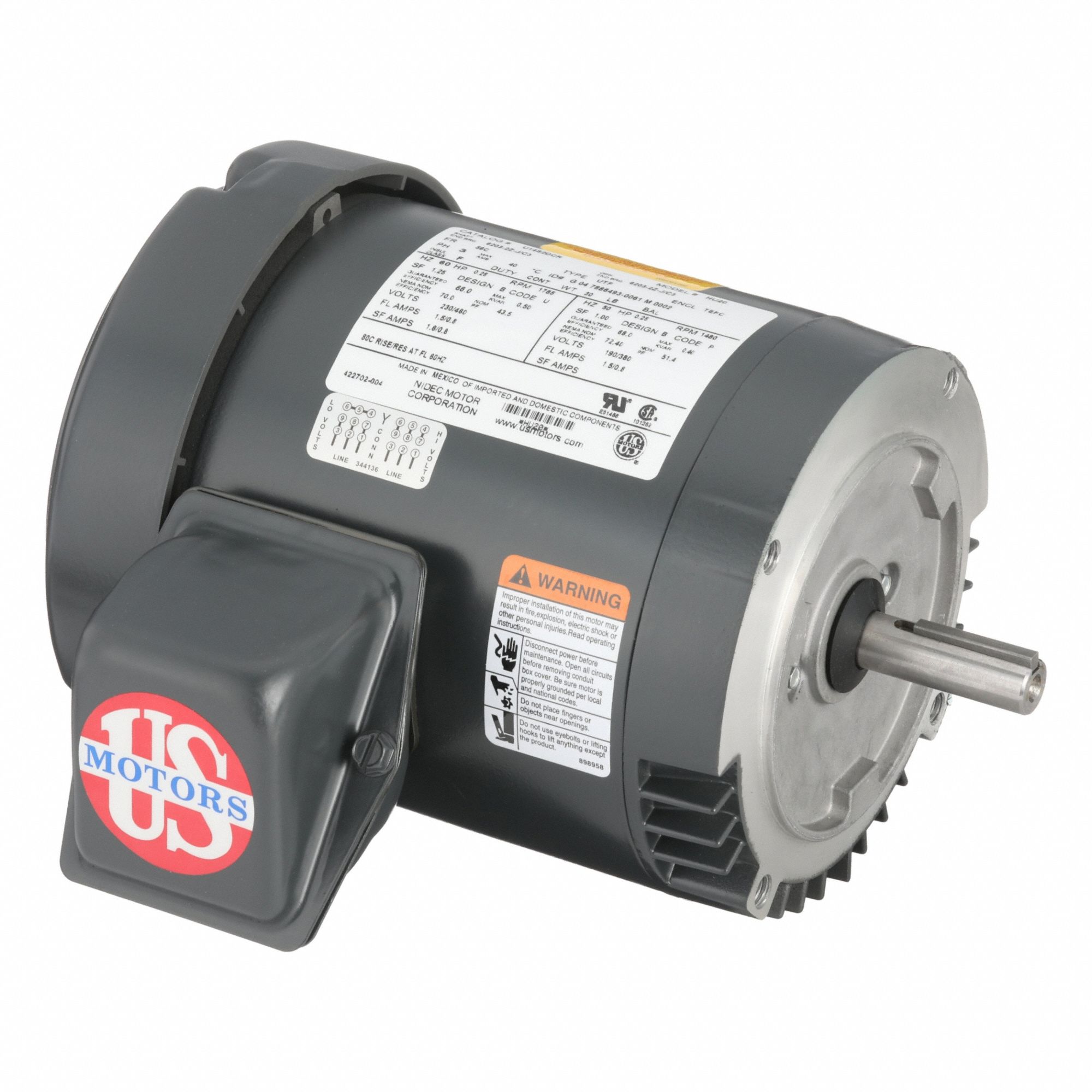 U.S. MOTORS General Purpose Motor: Flange Mount, Totally Enclosed Fan Cooled, 1/4 hp, 1,800 RPM (MPN U14S2DCR). Key specifications — Brand: U.S. MOTORS; Nameplate Voltage @ 60 Hz: 208-230/460V AC; Full Load Current @ 60 Hz: 0-1.1/0.50 A; Nameplate RPM @ 60 Hz: 1,800 RPM; Motor Enclosure: TEFC.