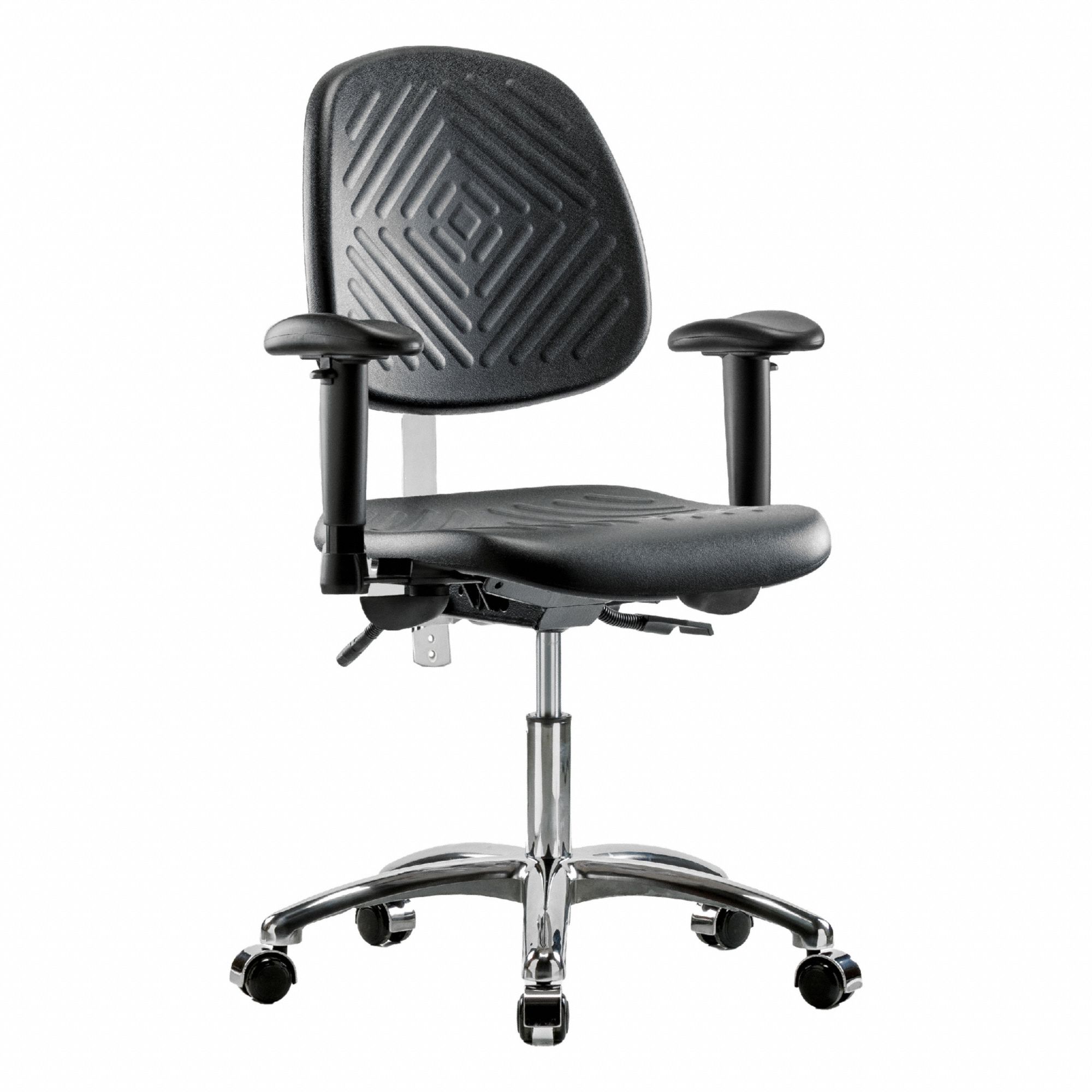Cleanroom Chair: Polyurethane, Arms Included, Ht Range 17 1/2 in to 22 3/4 in, 16 in Seat Wd, Adj