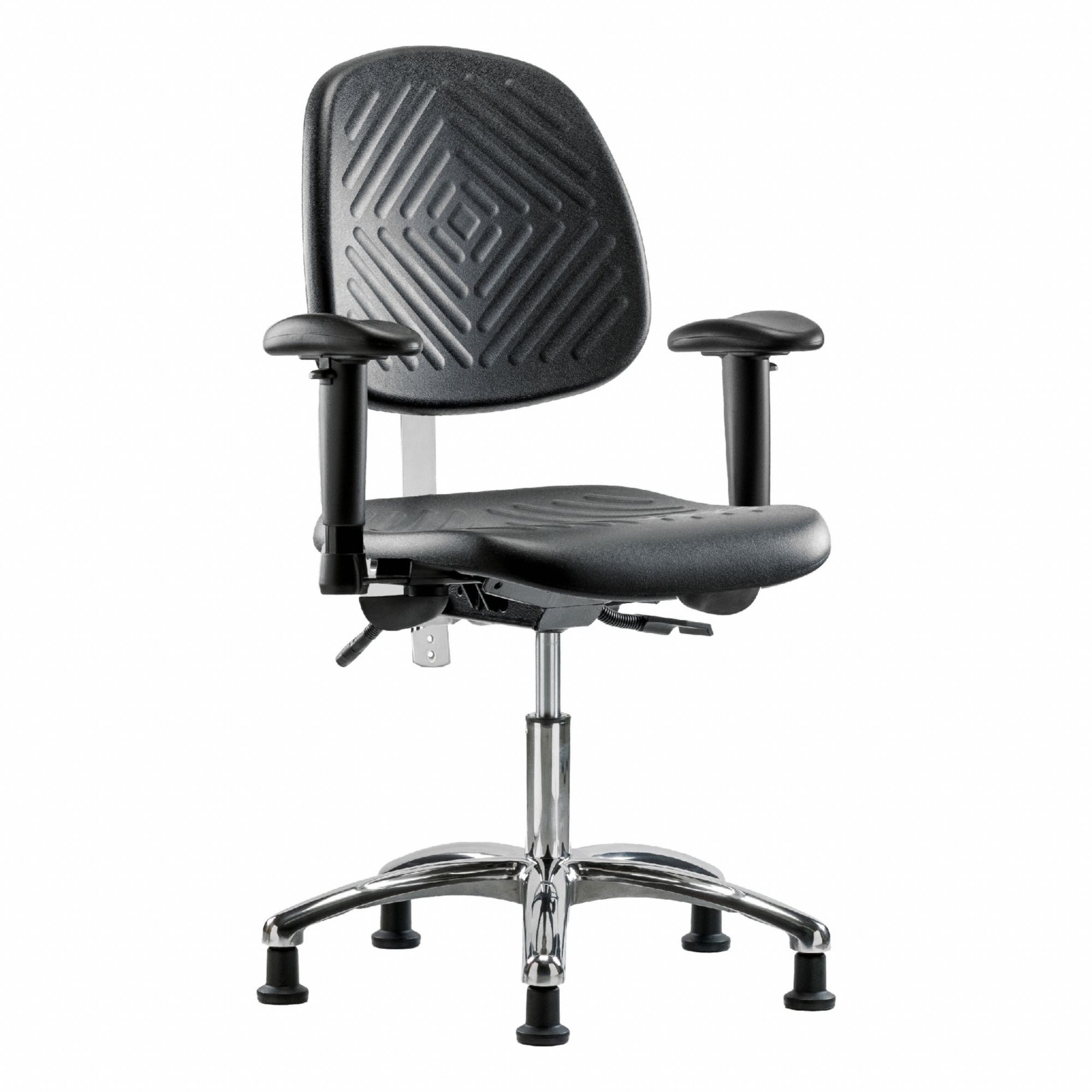 Cleanroom Chair: Polyurethane, Arms Included, Ht Range 17 1/2 in to 22 3/4 in, 16 in Seat Wd, Adj